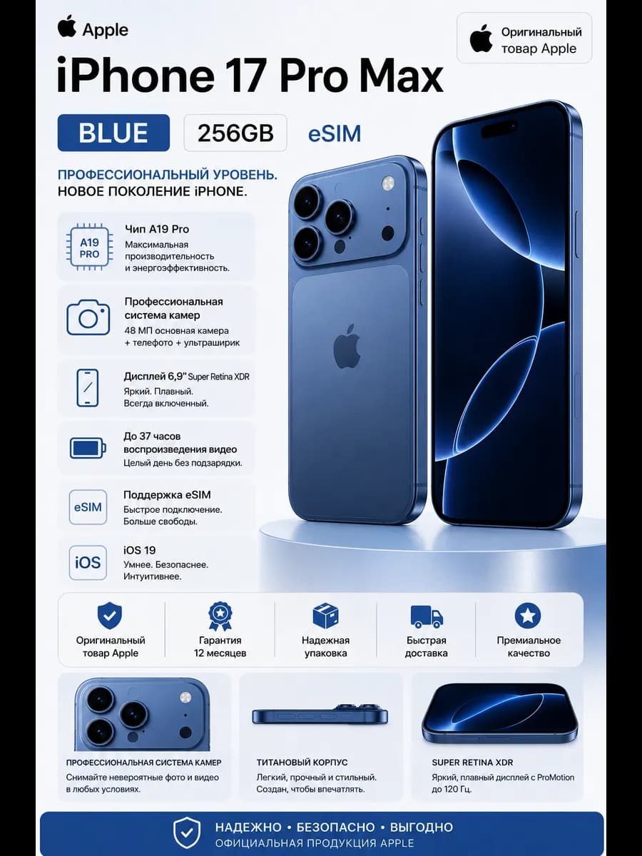 iPhone 17 Pro Max 256 GB (eSIM) Blue (Без RuStore)