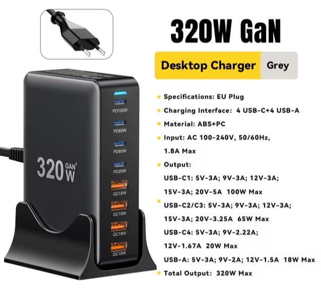 Зарядное устройство Essager (320 Вт, 4хUSB-А + 4xType-C)