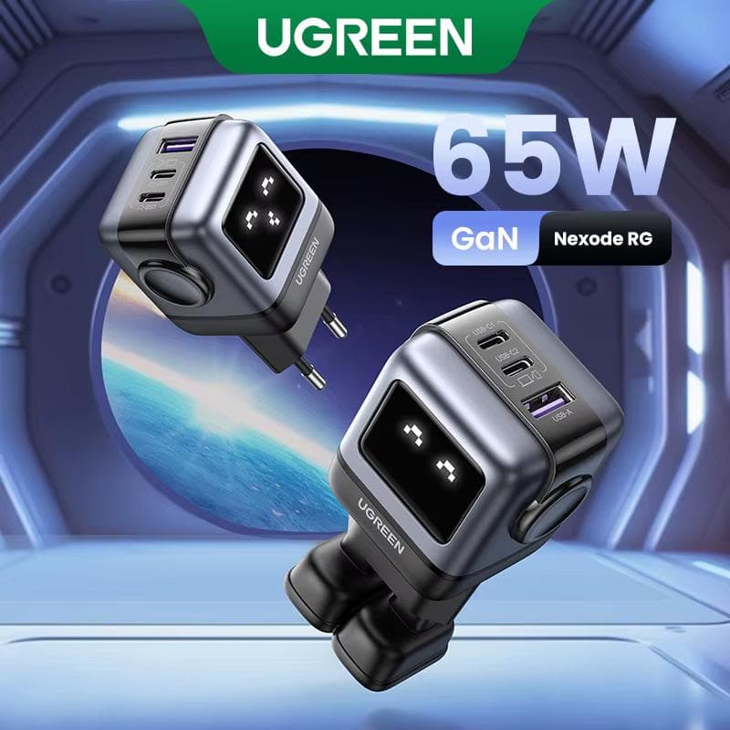 GaN-зарядка UGREEN 65 Вт с 3 портами и экраном-эмоцией