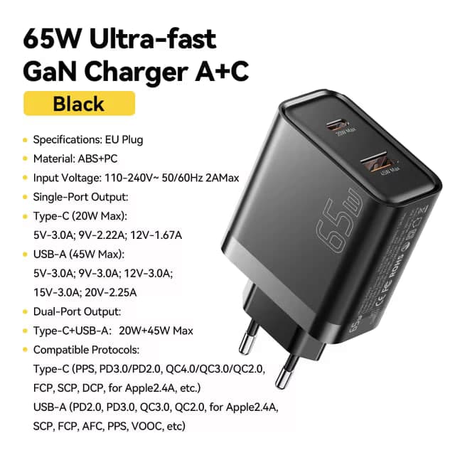 Essager GaN (65 Вт, USB-А + Type-C) зарядное устройство