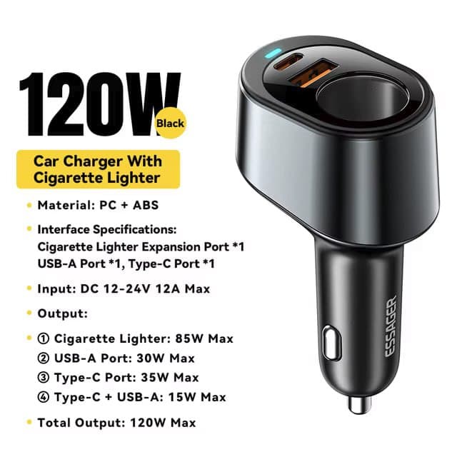 Essager автомобильное зарядное устройство USB-А 30 Вт + Type-C 35 Вт + прикуриватель 85 Вт