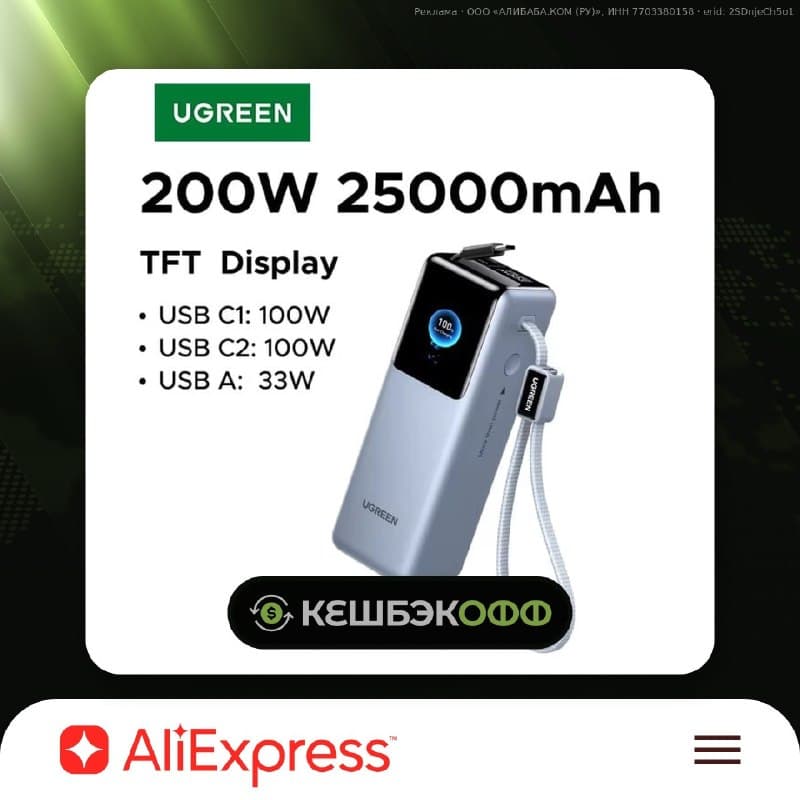 Пауэрбанк Ugreen CCC Power Bank 200 Вт, 25000 мАч