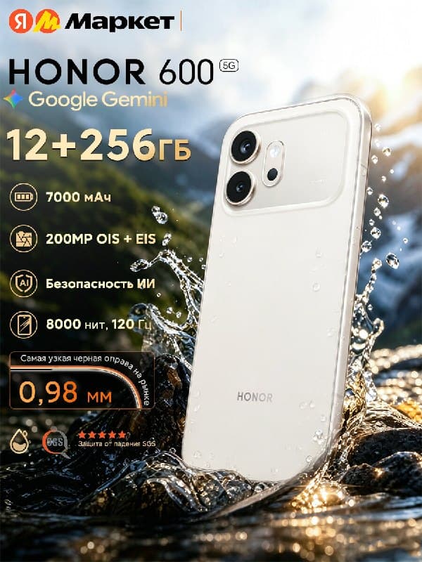 Смартфон HONOR 600 12 ГБ/256 ГБ, 6.57" AMOLED, 200 Мп, 7000 мАч 80W, IP68/69 IP69K, EAC (Ростест), Золотисто-белый
