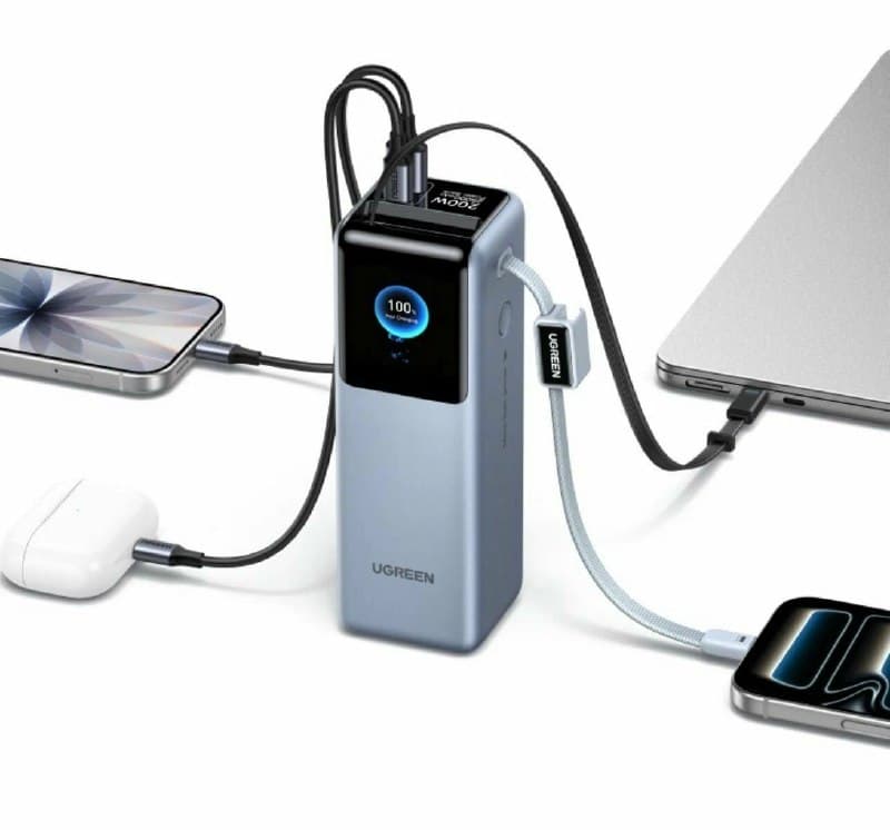 Пауэрбанк UGREEN PB728 (75702), 200 Вт, 25000 мА·ч, с встроенными кабелями USB‑C